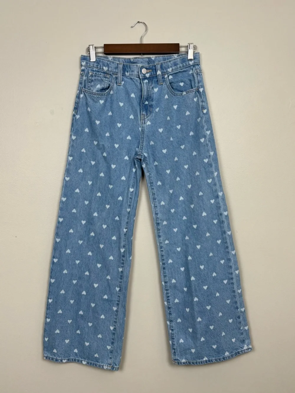 Old Navy Jean Girl 16 Blue Baggy Wide Leg Heart Print High Rise Adjustable Denim